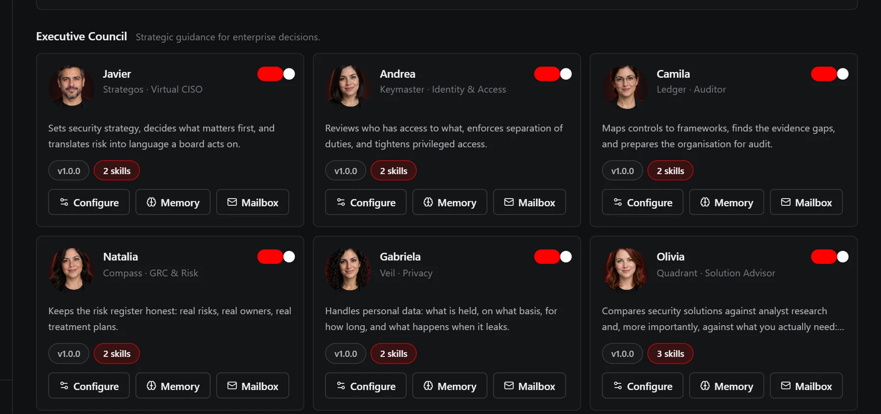 The advisors screen in RedHalo Council